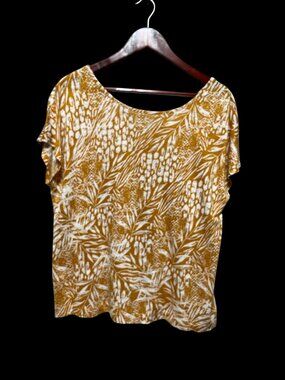 Christian Siriano New York Linen Floral Print Button Back Top Mustard Womens L